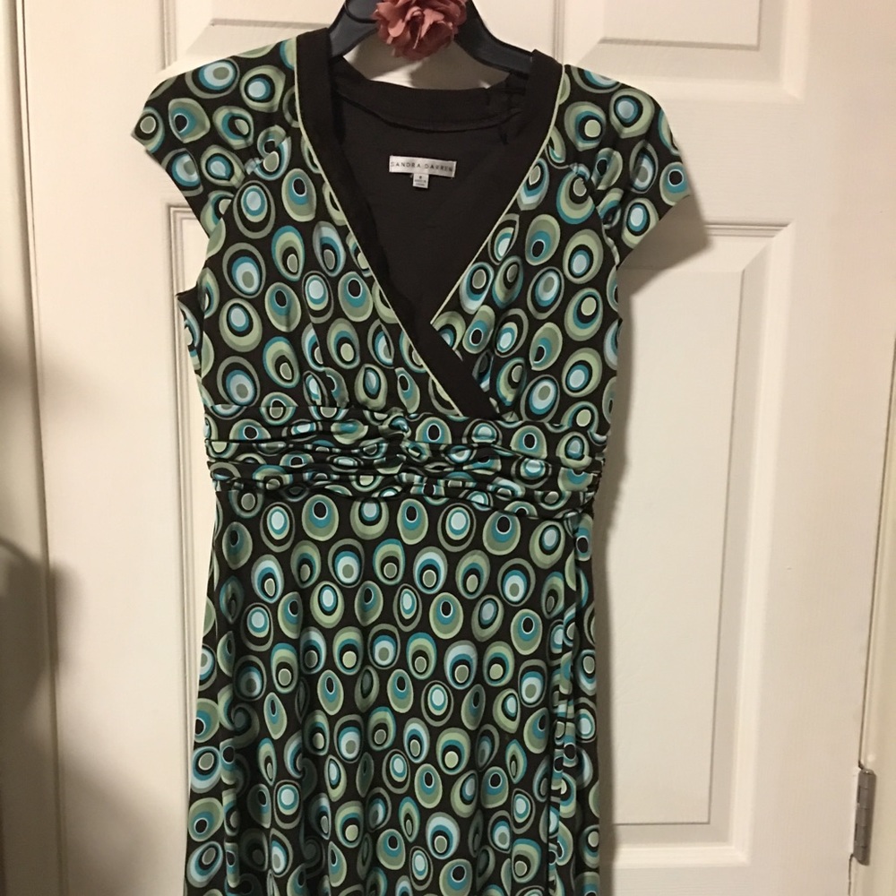 Brown, green, blue abstract print dress